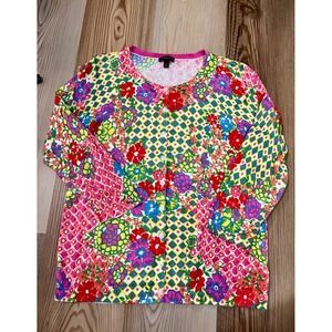 Talbots Womens Multi Color Floral Geometric Patchwork Cardigan Sweater Medium